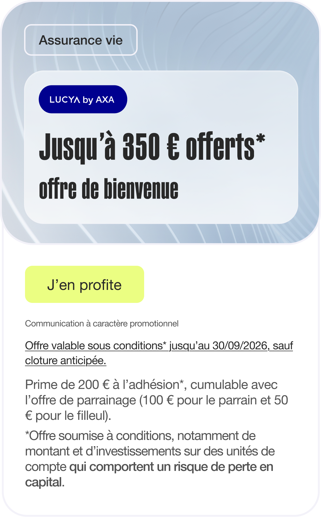 Bannière prime de bienvenue Lucya by AXA