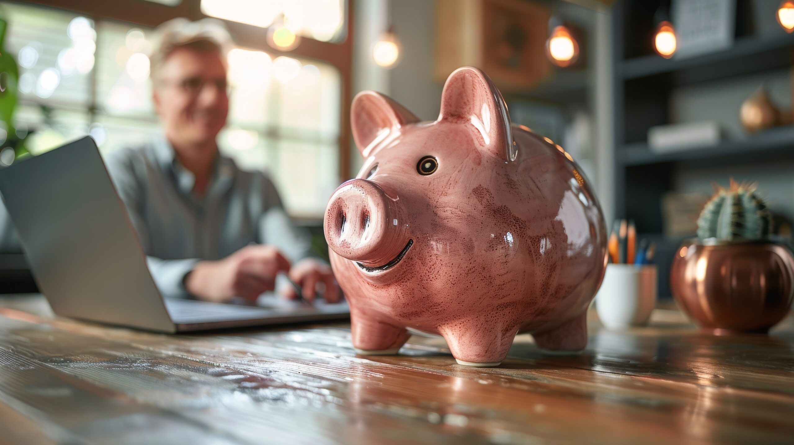 Au premier plan, un cochon tirelire rose représentant votre épargne et un homme d'un certain âge au second plan