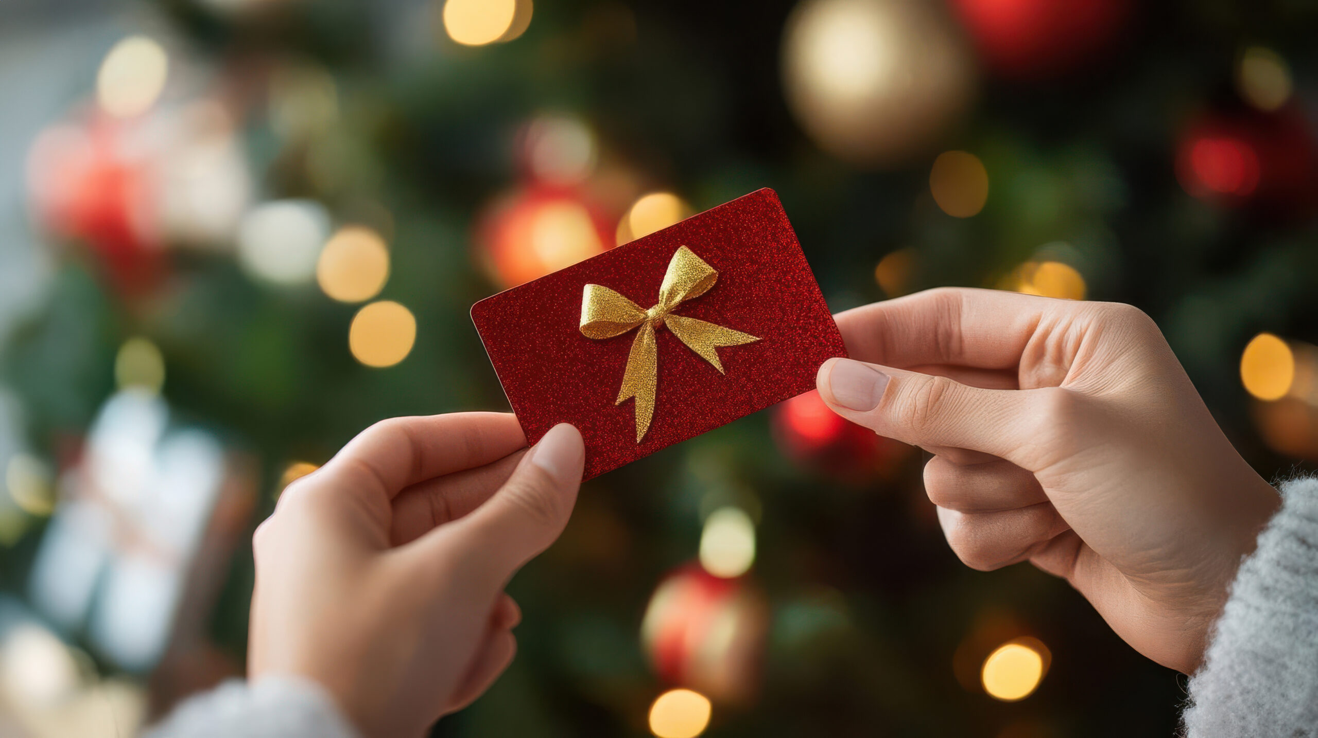 Carte-cadeaux rouge à paillettes avec un nœud doré devant un sapin de Noël pour illustrer le fait d'optimiser son patrimoine avec une assurance vie ou un PER