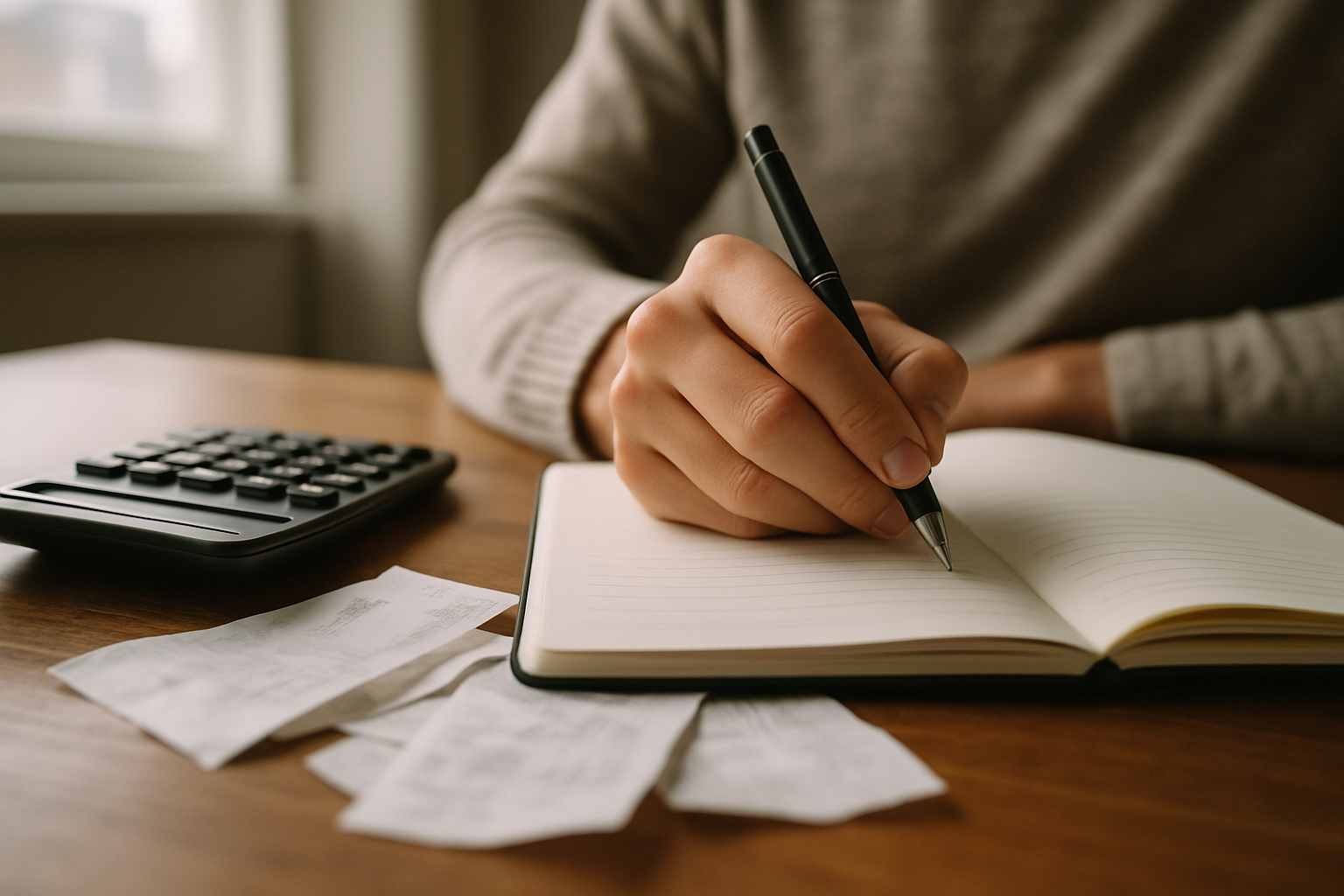 une main écrit sur un carnet, un calculatrice est sur la table.