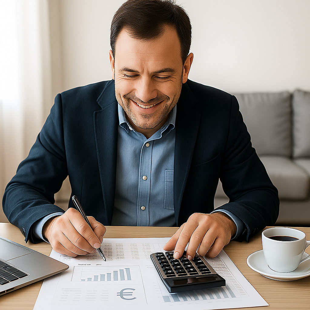 Homme de 40 ans calculant son épargne retraite avec une calculatrice et des documents financiers